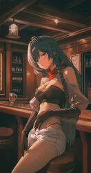 1girl absurdres ahoge bandana bandana_around_neck bar_(place) bare_shoulders beer_mug between_breasts black_hair black_panties blue_hair bottle braid breasts brown_eyes brown_gloves ceiling_light character_request cleavage_cutout clothing_cutout commission counter crop_top cup earrings elbow_gloves food fruit gloves hair_between_eyes highleg highleg_panties highres holding holding_food holding_fruit hoop_earrings indoors jewelry lemon lemon_slice light_blush long_hair looking_at_viewer medium_breasts micro_shorts mug on_stool original panties panty_straps parted_lips pixiv_commission qingli_ye red_bandana scarf short_shorts shorts shoulder_cutout single_braid sitting solo stool teeth torn_clothes torn_shorts underwear very_long_hair