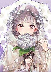1girl blush brown_eyes brown_ribbon cherico closed_mouth commentary dress earrings flower grey_hair highres holding holding_flower jewelry long_sleeves looking_at_viewer original ribbon short_hair signature smile solo upper_body veil white_background white_flower white_veil yellow_dress