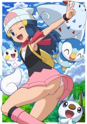 1girl arm_up armpits ass backpack bag beanie bird blue_eyes blue_hair blue_sky boots cloud dawn_(pokemon) day forest gen_4_pokemon gen_5_pokemon hair_ornament hat knee_boots long_hair looking_at_viewer looking_back miniskirt nature nintendo one_eye_closed open_mouth oshawott pachirisu palm_tree panties pantyshot penguin pink_boots piplup pokemoa pokemon pokemon_(anime) pokemon_(creature) red_scarf scarf skirt sky sleeveless smile standing thighs togekiss tree underwear upskirt v white_panties wink