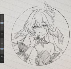 angel_wings bracelet choker detached_sleeves etherealmeow greyscale halo highres honkai:_star_rail honkai_(series) jewelry long_hair monochrome paper parted_lips robin_(honkai:_star_rail) short_sleeves smile wings