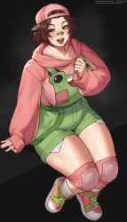 Rule 34 | 1girl, animal print, backwards hat, bandaid, bandaid on face, bandaid on nose, baseball cap, bethyva, black background, black eyes, blush, breasts, brown hair, cinko, commission, frog print, green overalls, hand on own chest, hat, highres, hood, hoodie, hoodie pull, knee pads, lips, medium breasts, medium hair, open mouth, original, overalls, pink hat, pink hoodie, pink shoes, shoes, sitting, sneakers, socks, solo, sweat, thick thighs, thighs, tomboy, virtual youtuber