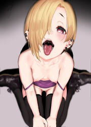 1girl azuse_neko black_thighhighs blonde_hair blurry blush breasts brown_eyes collarbone depth_of_field ear_piercing hair_over_one_eye idolmaster idolmaster_cinderella_girls loli looking_at_viewer nipples open_mouth oral_invitation piercing shirasaka_koume short_hair sitting small_breasts solo thighhighs tongue tongue_out uvula wariza