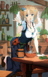 1girl :d beer_mug belt blonde_hair blue_eyes blurry blurry_background blush bottle bowl bracelet breasts brown_footwear cleavage commentary_request cup day dress fantasy flower food full_body green_eyes hair_flower hair_ornament hand_on_table hand_up herb indoors jewelry kneeling leg_up long_hair looking_at_viewer mug necklace open_mouth original pouch smile solo standing standing_on_one_leg table twintails vegetable white_flower window wristband yoshitake