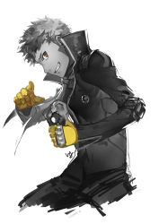 10s 1boy brown_eyes club3 gloves greyscale grin highres limited_palette looking_at_viewer male_focus monochrome persona persona_5 pointing pointing_at_viewer sakamoto_ryuuji simple_background sketch smile solo spot_color teeth yellow_gloves