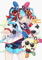 Rule 34 | 1girl, absurdres, animal ears, black collar, collar, double v, egasumi, fate/grand order, fate (series), highres, jacket, multicolored hair, nao oppaisukiii, one eye closed, rabbit ears, sei shounagon (fate), sei shounagon (first ascension) (fate), sunglasses, tongue, twintails, unworn eyewear, v, white jacket, yellow eyes