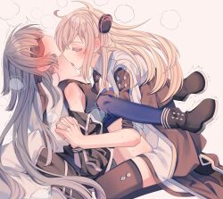 Rule 34 | 2girls, between legs, black boots, black jacket, black tank top, black thighhighs, blindfold, blonde hair, blue thighhighs, blush, boots, breath, closed eyes, commentary request, ear blush, emptyayya, grey hair, grey jacket, highres, holding hands, interlocked fingers, jacket, licking, licking another&#039;s neck, long hair, multiple girls, shoulder blush, sky striker ace - raye, sky striker ace - roze, sweat, tank top, thighhighs, trembling, yu-gi-oh!, yuri