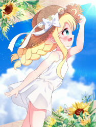 1girl :3 ahoge aqua_eyes blonde_hair blush bow braid brown_hat cloud collarbone dress flower hat hat_bow himesaka_noa lens_flare light_rays long_hair looking_up open_mouth r245 sky sleeveless sleeveless_dress standing straw_hat sun sunbeam sunflower sunlight twin_braids watashi_ni_tenshi_ga_maiorita! white_bow white_dress