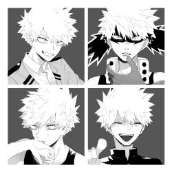 1boy arm_up bakugou_katsuki bare_shoulders boku_no_hero_academia collared_jacket collared_shirt gakuran gloves greyscale highres jacket lapels looking_ahead looking_at_viewer male_focus monochrome multiple_views neminemisho notched_lapels open_clothes open_collar open_jacket open_mouth pointing pointing_at_viewer school_uniform shirt short_hair sleeveless spiked_hair suit_jacket superhero_costume tank_top teeth u.a._school_uniform upper_teeth_only wide-eyed wing_collar wiping_mouth