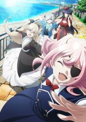 4girls absurdres annette_(spy_kyoushitsu) arms_behind_head bandana bandana_around_neck beach black_hair blonde_hair blue_eyes blue_shirt breasts brick_road bush cleavage dress erna_(spy_kyoushitsu) eyepatch fang fence grey_hair hair_over_one_eye hat highres large_breasts long_hair monika_(spy_kyoushitsu) multiple_girls ocean official_art one_eye_closed outdoors pants pink_hair ponytail red_dress running shirt small_breasts spy_kyoushitsu lamppost thea_(spy_kyoushitsu) tree twintails walking white_dress white_pants