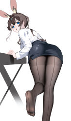 Rule 34 | 1girl, absurdres, alternate costume, amiya (arknights), animal ears, arknights, ass, bent over, black skirt, blue eyes, brown hair, brown pantyhose, feet, hair between eyes, highres, long hair, looking at viewer, looking back, open mouth, pantyhose, pencil skirt, rabbit ears, shenmi de xigua, shirt, simple background, skirt, solo, toes, white background, white shirt