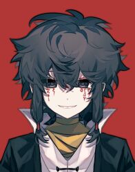 1boy black_eyes black_hair black_jacket chinese_commentary commentary_request facepaint grin hair_between_eyes jacket looking_at_viewer male_focus medium_hair open_clothes open_jacket red_background shirt simple_background smile solo touqi_guaitan variant_set white_shirt zhixiang_chifan ziche_fuzhao