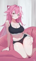 1girl animal_ears bare_shoulders black_shorts black_sports_bra blush breasts cleavage closed_mouth collarbone commentary cushion deep_skin eyeshadow hair_intakes hand_on_own_thigh highres hololive hololive_english large_breasts long_hair looking_to_the_side makeup midriff navel panther_ears panther_girl phaego pink_eyeshadow pink_hair raora_panthera shorts signature smile solo sports_bra stomach thighs virtual_youtuber yellow_eyes