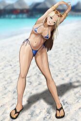 Rule 34 | 1girl, absurdres, armpits, arms up, bandaid, bandaid on face, bandaid on nose, beach, bikini, blonde hair, blue bikini, bracelet, centi (nikke), flip-flops, goddess of victory: nikke, heart, heart-shaped eyewear, highres, jewelry, long hair, micro bikini, midriff, nail polish, navel, ocean, sandals, side-tie bikini bottom, stretching, swimsuit, tan, tanline, toenail polish, toenails, yahaagiii