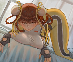 1girl braid breasts brown_hair chinese_clothes dead_or_alive dead_or_alive_6 gloves hair_bun hair_ribbon large_breasts lei_fang on_bed open_mouth ribbon short_twintails solo thighs tongue tongue_out twin_braids twintails voidmakerz