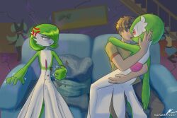 Rule 34 | 1boy, 1girl, anger vein, angry, arm around shoulder, artist name, black pants, blush, bob cut, brown hair, character doll, clenched hand, colored skin, constricted pupils, couch, crack, cracked floor, cracked wall, crushing, cushion, dated, doll, faceless, faceless male, flat chest, gardevoir, gen 3 pokemon, gen 4 pokemon, green hair, green skin, hair over one eye, half-closed eyes, hand up, hapless food, happy, hugging object, indoors, life-size gardevoir plush, looking at another, looking to the side, lucario, meowscarada, multicolored skin, nintendo, nose blush, on couch, one eye covered, open mouth, orange trim, pants, picture frame, pokemon, pokemon (creature), shirt, short hair, short sleeves, signature, sitting, smile, stairs, two-tone skin, watermark, white skin, yellow shirt