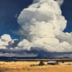 acrylic_paint_(medium) barn cloud cloudy_sky commentary cumulonimbus_cloud day english_commentary field grass highres jimmusilpainter landscape nature no_humans original outdoors painting_(medium) plain rain sky tall_grass traditional_media tree wide_shot