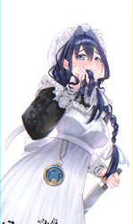 1girl absurdres apron black_dress blue_eyes blue_hair braid commentary cowboy_shot dress english_commentary from_below hair_intakes hat heart heart-shaped_pupils highres holding holding_knife holding_own_hair hololive hololive_english jininwop knife long_hair long_sleeves looking_at_viewer maid maid_apron mob_cap official_alternate_costume official_alternate_hairstyle ouro_kronii ouro_kronii_(maid) pocket_watch simple_background solo symbol-shaped_pupils twin_braids virtual_youtuber watch white_apron white_background white_hat