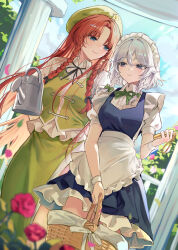 2girls absurdres apron basket beret black_ribbon blue_dress blue_eyes blurry blurry_foreground bow braid braided_sidelocks bush closed_mouth cloud cloudy_sky collared_shirt column commentary cowboy_shot day dress dutch_angle eye_contact falling_petals flower frilled_apron frilled_dress frilled_shirt frills green_bow green_hat green_ribbon green_skirt green_vest grey_hair hair_bow hat hat_ornament highres holding holding_basket holding_pocket_watch holding_watering_can hong_meiling izayoi_sakuya leaf long_hair looking_at_another maid maid_apron maid_headdress multiple_girls neck_ribbon orange_hair petals pillar pinafore_dress pocket_watch puffy_short_sleeves puffy_sleeves ribbon rose sarukana shirt short_sleeves sidelocks skirt sky sleeveless sleeveless_dress smile star_(symbol) star_hat_ornament touhou twin_braids very_long_hair vest waist_apron watch watering_can white_apron white_shirt wrist_cuffs
