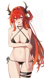 1girl arknights arm_under_breasts bikini black_bikini breasts cowboy_shot criss-cross_halter demon_girl demon_horns dummyeq gluteal_fold hair_ornament halterneck highres horns large_breasts long_hair looking_at_viewer navel official_alternate_costume purple_eyes red_hair side-tie_bikini_bottom simple_background slit_pupils solo star_(symbol) star_hair_ornament stomach surtr_(arknights) surtr_(colorful_wonderland)_(arknights) swimsuit thigh_strap very_long_hair white_background
