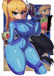 1girl 2boys 2others absurdres alien alien_(series) angry antennae black_skin blonde_hair blue_bodysuit blue_eyes blue_gloves blush bodysuit breasts breath claws colored_skin crossover e.t. e.t._(character) energy_gun genre_connection gloves green_skin gun highres holding holding_gun holding_weapon invader_zim large_breasts long_hair looking_at_viewer metroid metroid_(creature) multiple_boys multiple_others nickelodeon nintendo open_mouth paralyzer ponytail ray_gun red_eyes samus_aran sharp_teeth space sparkle teeth thick_thighs thighs tongue tongue_out tony_welt trait_connection weapon wide_hips xenomorph zero_suit zim_(invader_zim)