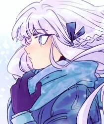 1girl adjusting_scarf alternate_costume blue_scarf braid commentary danganronpa:_trigger_happy_havoc danganronpa_(series) english_commentary eyelashes from_side gloves hair_ribbon kirigiri_kyoko long_hair ministarfruit portrait purple_gloves purple_hair ribbon scarf side_braid solo winter_clothes