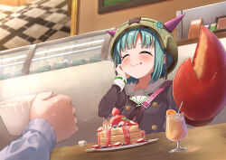 Rule 34 | 2girls, absurdres, black neckerchief, blurry, blurry foreground, blush, bungo yayoi, closed eyes, closed mouth, commentary, crab claw, cup, dutch angle, eating, efu (ehutan), fake horns, food, fork, green hair, green headwear, hand on own cheek, hand on own face, heaven burns red, highres, holding, holding cup, holding fork, horned headwear, horns, indoors, juice, long sleeves, multiple girls, neckerchief, orange juice, pancake, pink bag, purple shirt, shirt, short hair, sitting, sleeve cuffs, solo focus, upper body, wavy mouth, yamawaki bon ivar