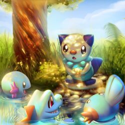 4others absurdres artist_name blue_sky bush cloud cloudy_sky commentary english_commentary fangs gen_2_pokemon gen_3_pokemon gen_5_pokemon grass highres leaning_forward mudkip multiple_others nintendo no_humans open_mouth oshawott outdoors pokemon pokemon_(creature) red_eyes rock signature sky standing sunlight swimming totodile tree tropicalcyclone twitter_username water wooper