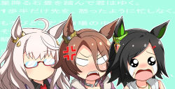 ahoge anger_vein animal_ears bandaid bandaid_on_cheek bandaid_on_face biwa_hayahide_(umamusume) black_shirt bnw_(umamusume) broken_eyewear brown_hair crying glasses grey_hair hair_ornament hairclip highres horse_ears horse_girl long_hair meso_(zgmf-xv) narita_taishin_(umamusume) necktie red-framed_eyewear red_necktie semi-rimless_eyewear shirt short_hair swept_bangs umamusume under-rim_eyewear winning_ticket_(umamusume)