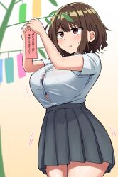 1girl blush bob_cut bra breasts brown_eyes brown_hair bursting_breasts highres large_breasts original pout senshiya shirt short_hair skirt solo underwear white_shirt