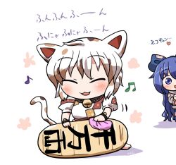 2girls :3 :d ^_^ animal_ears bangle bell blue_bow blue_eyes blue_hair blue_skirt blush bow bracelet calico cat_ears cat_girl cat_tail cleaning_rag closed_eyes coin commentary_request gold goutokuji_mike grey_hoodie hair_bow holding_rag hood hoodie jewelry jingle_bell koban_(gold) long_hair multicolored_hair multiple_girls open_mouth patch peeking puffy_short_sleeves puffy_sleeves rokugou_daisuke shirt short_hair short_sleeves signature simple_background skirt smile streaked_hair tail touhou translation_request very_long_hair white_background white_hair white_shirt wiping yorigami_shion