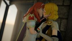 2girls 3d armor badge black_gloves blonde_hair blue_sash braid cape castle celica_(fire_emblem) circlet closed_eyes corset dress elbow_gloves exaltedbrand fingerless_gloves fire_emblem fire_emblem_echoes:_shadows_of_valentia fire_emblem_warriors gloves groping highres jewelry kiss lianna_(fire_emblem) long_hair multiple_girls nintendo orange_hair princess red_hair sash short_hair tiara white_armor white_dress white_gloves yuri