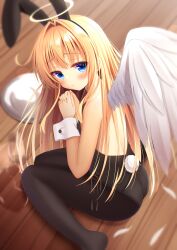 1girl :t absurdres angel angel_wings animal_ears bare_shoulders black_hairband black_leotard black_pantyhose blonde_hair blue_eyes blush closed_mouth fake_animal_ears fake_tail feathered_wings feet_out_of_frame hair_intakes hairband halo highres hiragana_iroiro leotard long_hair looking_at_viewer no_shoes original own_hands_together pantyhose playboy_bunny rabbit_ears rabbit_tail sitting solo tail traditional_halo very_long_hair wariza wavy_mouth white_wings white_wrist_cuffs wings wrist_cuffs