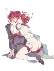 2girls ? ahoge akiham alternate_costume belt black_coat black_pants black_shoes blush coat cropped_shirt drooling dual_persona glass highres kasane_teto kasane_teto_(sv) kneehighs kneeling licking licking_another&#039;s_face looking_up midriff miniskirt multiple_girls pants red_belt red_hair school_uniform shirt shoes short_sleeves sitting skirt skirt_set socks spoken_question_mark synthesizer_v utau white_background white_shirt white_socks yuri