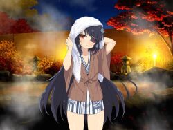 1girl :o autumn autumn_leaves bamboo_fence black_hair blunt_bangs blush brown_kimono bush collarbone drying drying_hair drying_own_hair eyepatch fence flat_chest japanese_clothes kimono leaf long_hair looking_at_viewer mirai_(senran_kagura) mitsudomoe_(shape) night night_sky official_art onsen outdoors plant print_kimono red_eyes red_leaf rock senran_kagura senran_kagura_new_link senran_kagura_shoujo-tachi_no_shin&#039;ei shiny_skin sky solo standing star_(sky) starry_sky steam stone_lantern tomoe_(symbol) towel towel_on_head tree water wet wet_hair yaegashi_nan yukata