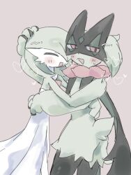 2girls ^_^ animal_hands averting_eyes black_fur blush bob_cut body_fur closed_eyes colored_skin cowboy_shot female_focus flat_chest furry furry_female furry_with_non-furry gardevoir gen_3_pokemon green_fur green_hair green_skin grey_background hair_over_one_eye half-closed_eyes hand_on_another&#039;s_head hand_on_another&#039;s_shoulder hand_on_another&#039;s_waist happy heart highres hug interspecies looking_back mame_(nanase_pk) meowscarada multicolored_skin multiple_girls mutual_hug nintendo one_eye_covered open_mouth pokemon pokemon_(creature) red_eyes short_hair short_tail simple_background smile standing tail two-tone_fur two-tone_skin white_skin yuri