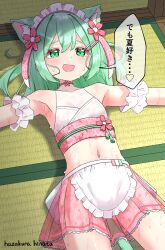 1girl animal_ears bikini cat_ears cat_tail commentary_request green_eyes green_hair hazakura_hinata highres lying maid maid_bikini navel on_back original solo sweat swimsuit tail unconventional_maid variant_set wa_maid