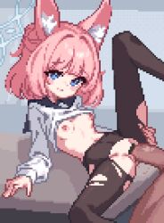 1boy 1girl animal_ear_fluff animal_ears animated animated_gif black_pantyhose blinking blue_archive blue_eyes blue_halo blush breasts closed_mouth clothes_lift dasa_(bearisalive) erection fox_ears halo hetero loli long_sleeves lying missionary niko_(blue_archive) nipples on_back open_mouth pantyhose penis pink_hair pixel_art sex shirt shirt_lift small_breasts solo_focus torn_clothes torn_pantyhose vaginal white_shirt