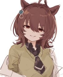 1girl agnes_tachyon_(umamusume) ahoge animal_ears black_necktie black_shirt breasts chemical_structure coat collared_shirt earrings hair_between_eyes highres horse_ears horse_girl jewelry lab_coat long_sleeves looking_at_viewer medium_breasts medium_hair necktie off_shoulder open_clothes open_coat parted_lips red_eyes shirt short_necktie simple_background single_earring smile solo sweater t7jzw3 umamusume white_background white_coat wolf_cut yellow_sweater