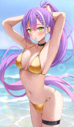 1girl absurdly_long_hair absurdres armpits arms_up beach bikini black_choker blue_sky blush bracelet breasts choker cloud commentary_request cowboy_shot day ear_chain ear_piercing floating_hair gold_bikini green_eyes high_ponytail highres hololive jewelry lens_flare linked_piercing long_hair looking_at_viewer medium_breasts multicolored_hair navel navel_piercing outdoors piercing pink_hair ponytail purple_hair shinigami_kiraki sky solo stomach swimsuit thigh_strap tokoyami_towa two-tone_hair very_long_hair virtual_youtuber water wet