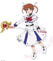 Rule 34 | 1girl, :d, absurdres, ankle socks, black socks, bow, bowtie, brown hair, commentary request, dated, dress, hair between eyes, highres, holding, holding polearm, holding weapon, juliet sleeves, long sleeves, looking at viewer, lyrical nanoha, magic, magical girl, mahou shoujo lyrical nanoha, medium hair, open mouth, polearm, puffy sleeves, purple eyes, raising heart, raising heart (device mode), red bow, red bowtie, simple background, smile, socks, solo, takamachi nanoha, takamachi nanoha (original mode), takatisakana, twintails, weapon, white background, white devil, white dress, white footwear