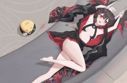 1girl :d absurdres armpits arms_behind_head ass azur_lane bare_legs bare_shoulders black_dress blush breasts brown_hair demon_girl demon_horns dress eyeshadow fangs full_body hair_between_eyes happy hatsuzuki_(azur_lane) hatsuzuki_(luxurious_celebration_time)_(azur_lane) highres horns legs long_hair looking_at_viewer loose_dress lying makeup midriff multicolored_hair off-shoulder_dress off_shoulder on_back oni open_mouth print_dress red_eyes red_eyeshadow red_hair small_breasts smile solo stomach thighs two-tone_hair upskirt yorumi-liu