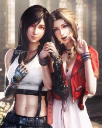 2girls 3d absurdres aerith_gainsborough asymmetrical_bangs black_hair bracelet breasts brown_hair choker church cropped_jacket dress final_fantasy final_fantasy_vii final_fantasy_vii_remake fingerless_gloves gloves green_eyes highres holding_hands jacket jewelry large_breasts materia medium_breasts midriff multiple_girls navel necklace open_mouth parted_bangs pink_dress red_eyes red_jacket ria-neearts shirt sidelocks skirt smile square_enix suspender_skirt suspenders tifa_lockhart upper_body v wavy_hair white_shirt