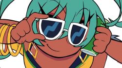 1girl 2024 animated aqua_eyes aqua_hair bikini bikini_under_clothes blue_bikini blue_shorts bracelet brazilian_flag brazilian_flag_print brazilian_miku breasts can cleavage commentary danidani1237123 dark-skinned_female dark_skin earrings english_commentary eyewear_on_head flag_print hairdressing halterneck hashtag-only_commentary hatsune_miku highleg highleg_bikini holding holding_can jewelry long_hair looking_at_viewer navel one_eye_closed open_fly open_mouth print_shirt shirt short_shorts shorts side-tie_bikini_bottom simple_background solo sunglasses swimsuit tan tanline tongue tongue_out toon_(style) tsurime video vocaloid white-framed_eyewear white_background yellow_shirt