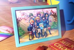 5girls 6+boys ^_^ arm_up arms_up black_hair blonde_hair blue_hat blue_pajamas bow bowtie brown_hair cherry_blossoms closed_eyes commentary_request cup full_body green_hair halo hat hidaka_azumi highres holding holding_instrument holding_maracas instrument kalotsuki kneehighs koichi_sumita long_hair looking_at_viewer maracas matsutake_kaoru minami_kaede mini_person miniboy minigirl mirumo mirumo_de_pon! morishita_haruka_(mirumo_de_pon!) mug multiple_boys multiple_girls murumo nightcap pajamas panta_(mirumo_de_pon!) papii_(mirumo_de_pon!) photo_(object) pink_pajamas red_bow red_bowtie red_hair rirumu_(mirumo_de_pon!) school_uniform setsu_yuuki short_hair skirt socks solid_oval_eyes spiral_cheeks twintails white_hair yashichi_(mirumo_de_pon!)