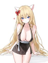 1girl absurdres animal_ears bare_arms bare_shoulders black_dress blonde_hair blue_eyes boong0619 bow breasts cleavage closed_mouth collarbone commentary_request commission covered_navel cowboy_shot dress hair_bow heart highres korean_commentary large_breasts long_hair looking_at_viewer no_bra no_panties original short_dress side_slit simple_background sleeveless sleeveless_dress smile solo thighs very_long_hair white_background