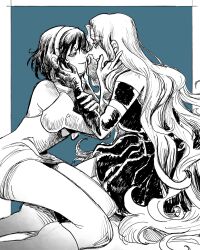 Rule 34 | 2girls, alien stage, aqua background, commentary, dress, english commentary, gloves, greyscale, greyscale with colored background, hand on another&#039;s face, highres, kneeling, kuropin, long hair, mizi (alien stage), monochrome, multiple girls, short hair, sitting, smile, sua (alien stage), very long hair