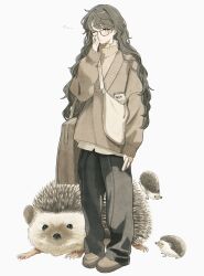 1girl :o adjusting_eyewear bag black_hair black_pants blush book brown_shoes dot_nose full_body glasses grey_sweater handbag highres holding holding_book layered_clothes long_bangs long_sleeves looking_at_viewer one_eye_closed open_mouth original pants porcupine shoes shoulder_bag simple_background solo standing sweater takaya_riku turtleneck turtleneck_sweater v-neck wavy_hair white_background yellow_eyes