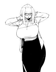 1girl :o absurdres black_skirt breasts cleavage collarbone forehead formal_clothes glasses highres huge_breasts inne_sulistya_robin long_hair monochrome norman_maggot open_clothes open_shirt original shirt skirt solo suit white_shirt white_suit