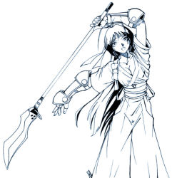 1girl breasts cleavage female_focus fingerless_gloves gauntlets gloves hakama hakama_skirt headband hybridav japanese_clothes kiribayashi_azumi long_hair monochrome naginata polearm real_bout_high_school sash skirt solo weapon
