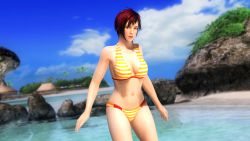 1girl 3d alternate_costume beach bikini breasts cleavage cloud dead_or_alive dead_or_alive_5 dutch_angle female_focus highres large_breasts looking_at_viewer mila_(doa) navel ocean official_art official_wallpaper open_mouth outdoors red_hair screencap short_hair sky solo spaniard spanish_(nationality) striped_bikini striped_clothes swimsuit tecmo